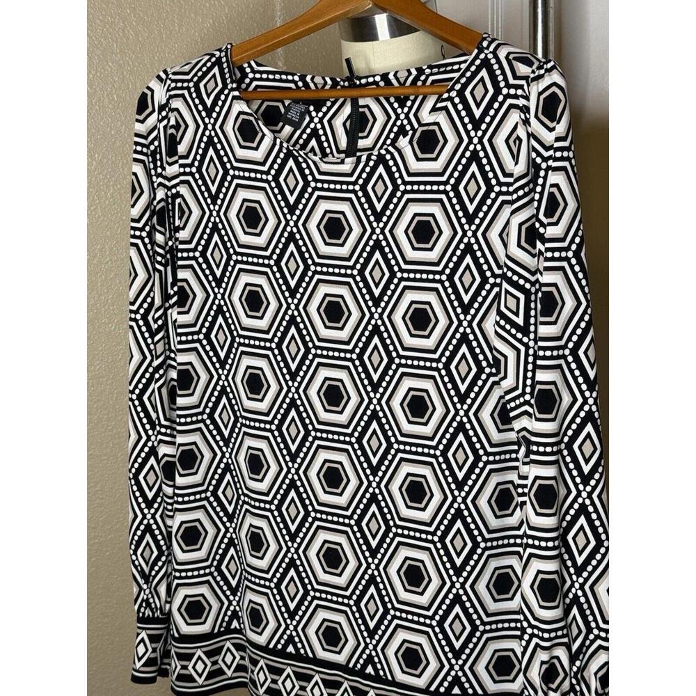Alfani Womens Geometric L Diamond Print Long Sleeve Tunic‎ Top Black White Tan